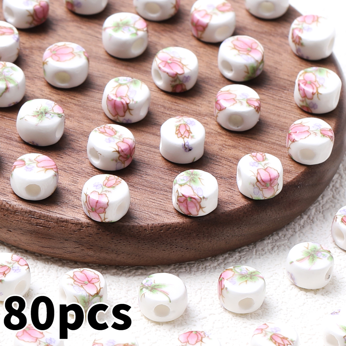20pcs Random Color Flat Round Printed Flower Ceramic Beads
